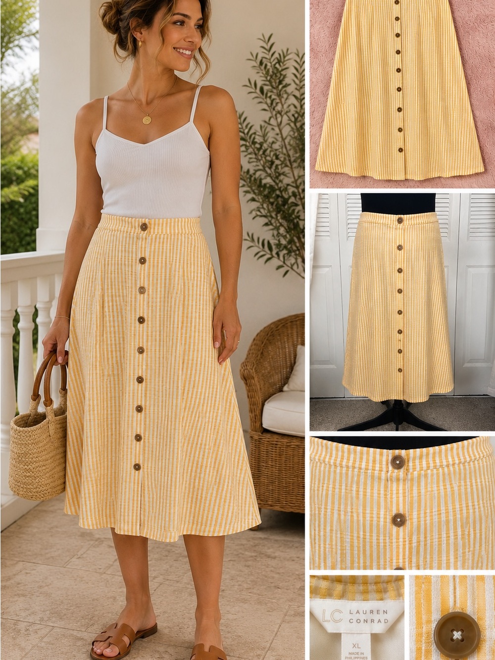 LC Lauren Conrad Yellow Striped Button Front Midi Skirt XL